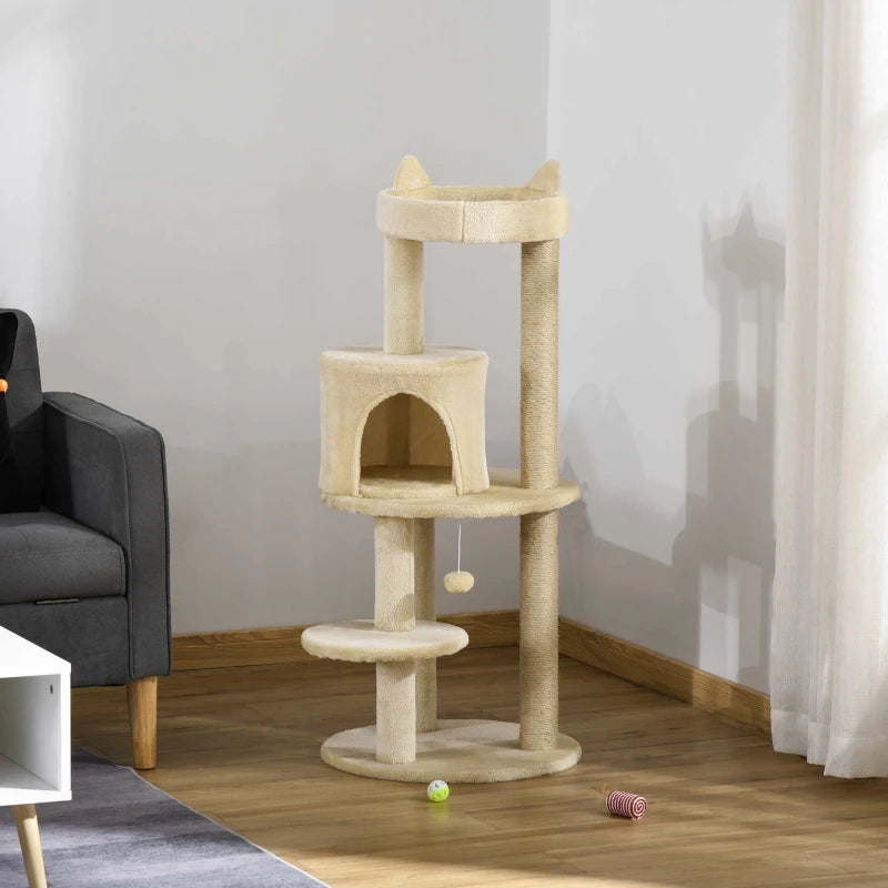 104 cm Cat Tree Condo Tower - Plush Perch, Scratching Posts & Hanging Ball - Cream White Activity Centre for Cats