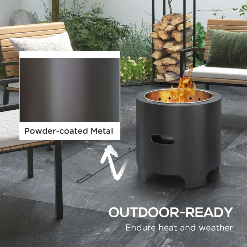 Portable Smokeless Fire Pit - 45cm Round Metal Bonfire Stove with Poker for Garden & Camping - Black