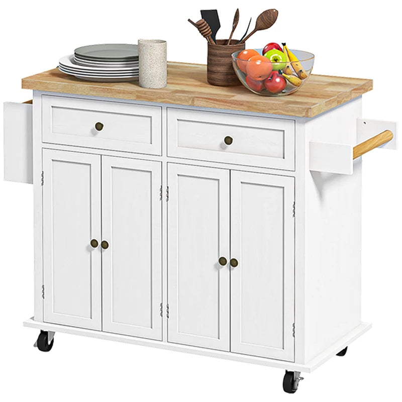 Rolling Kitchen Island Storage Trolley with Rubber Wood Top & Drawers - White Dining Room Cart for Easy Organization