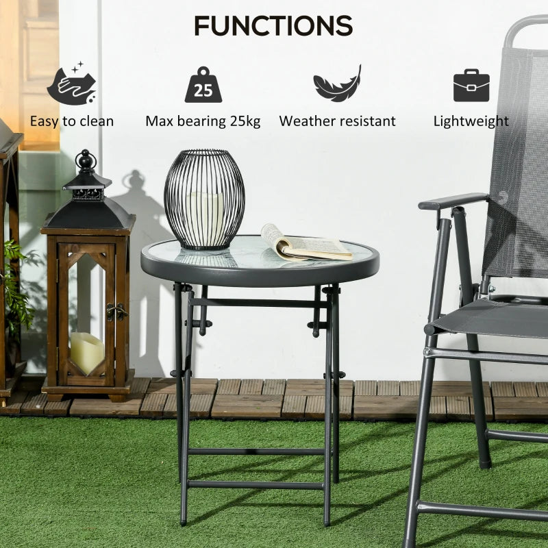 45cm Round Folding Garden Side Table - Outdoor Patio Coffee Table with Imitation Marble Glass Top - White