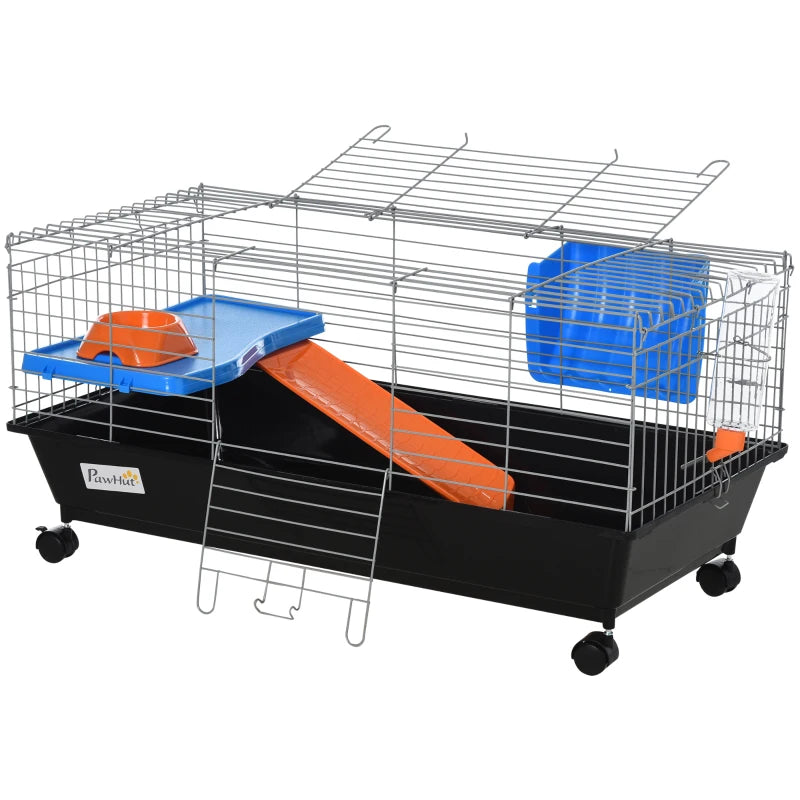 Spacious Small Animal Cage for Rabbits, Guinea Pigs & Chinchillas - Includes Wheels, Water Bottle, Food Dish, Ramp - 89x44x43 cm Black
