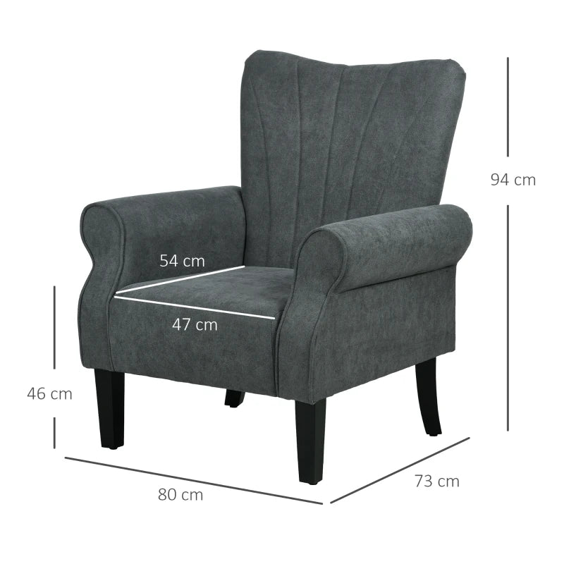 Stylish Upholstered Accent Chair with Rolled Arms and Wooden Legs for Living Room or Bedroom in Grey