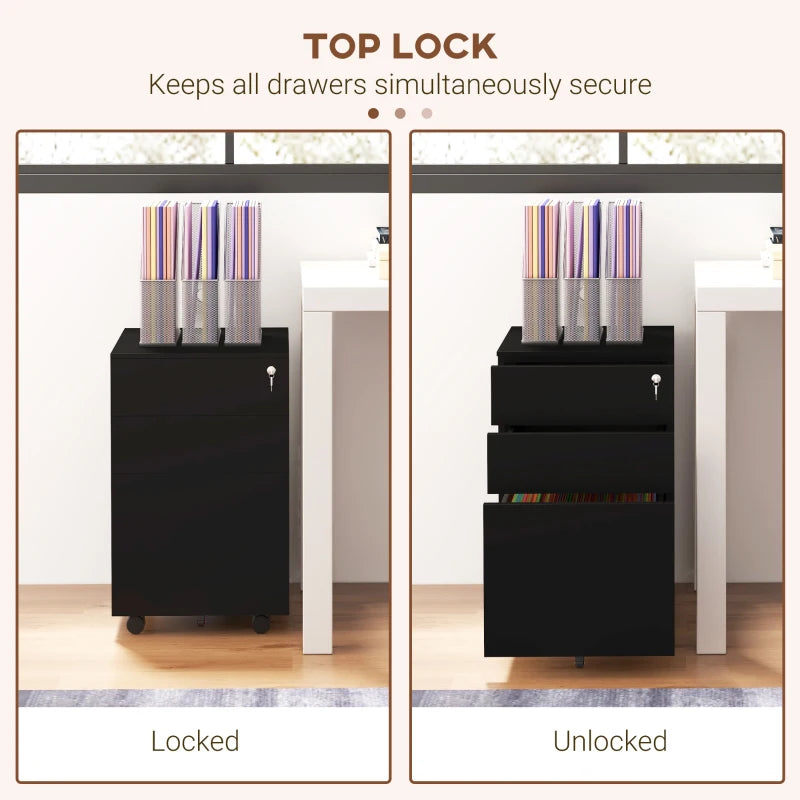 Vinsetto 3-Drawer Vertical Filing Cabinet - Mobile Steel File Cabinet with Lock, Pencil Tray & 5 Wheels, Pre-Assembled, Black