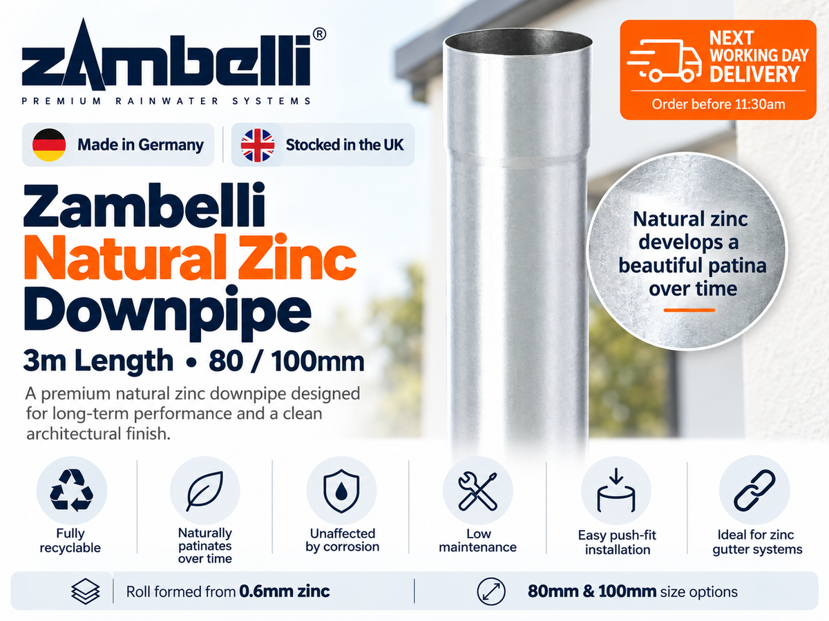 Zambelli 80mm Natural Zinc Downpipe 3m Length