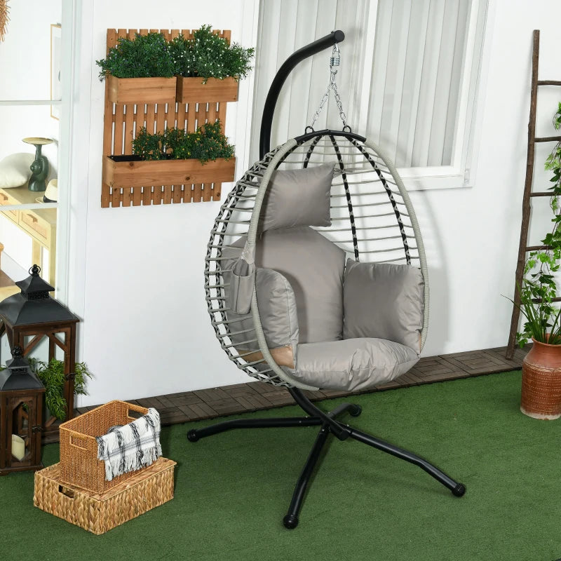 Grey Rattan Hanging Egg Chair with Seat Cushion