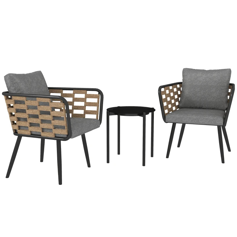 3 Piece Rattan Bistro Set with Cushions and Glass Top Table for Outdoor Patio