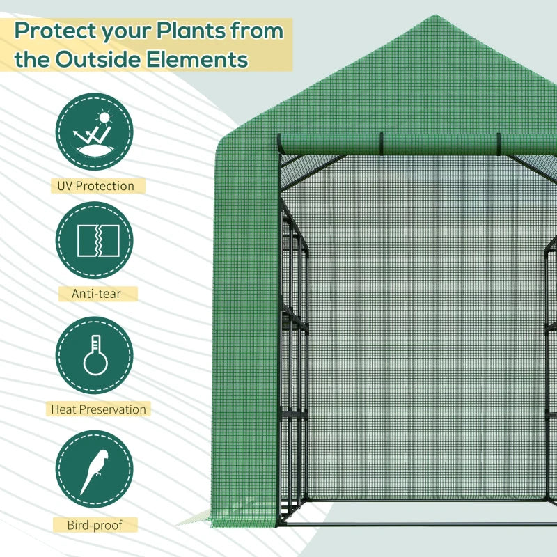 Portable Green 4 Tier Walk-in Greenhouse with Roll-up Door, 244 x 180 x 210cm