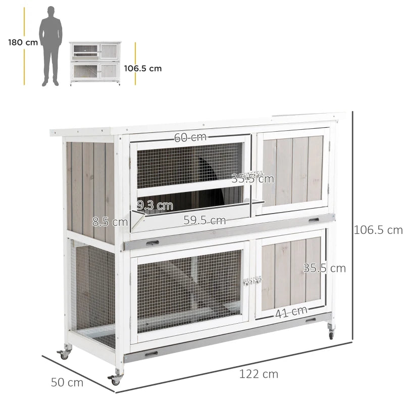 White Wooden Pet Hutch - Two-Tier Cage with Rain Cover & Wheels for Easy Mobility - Perfect for Rabbits & Small Pets