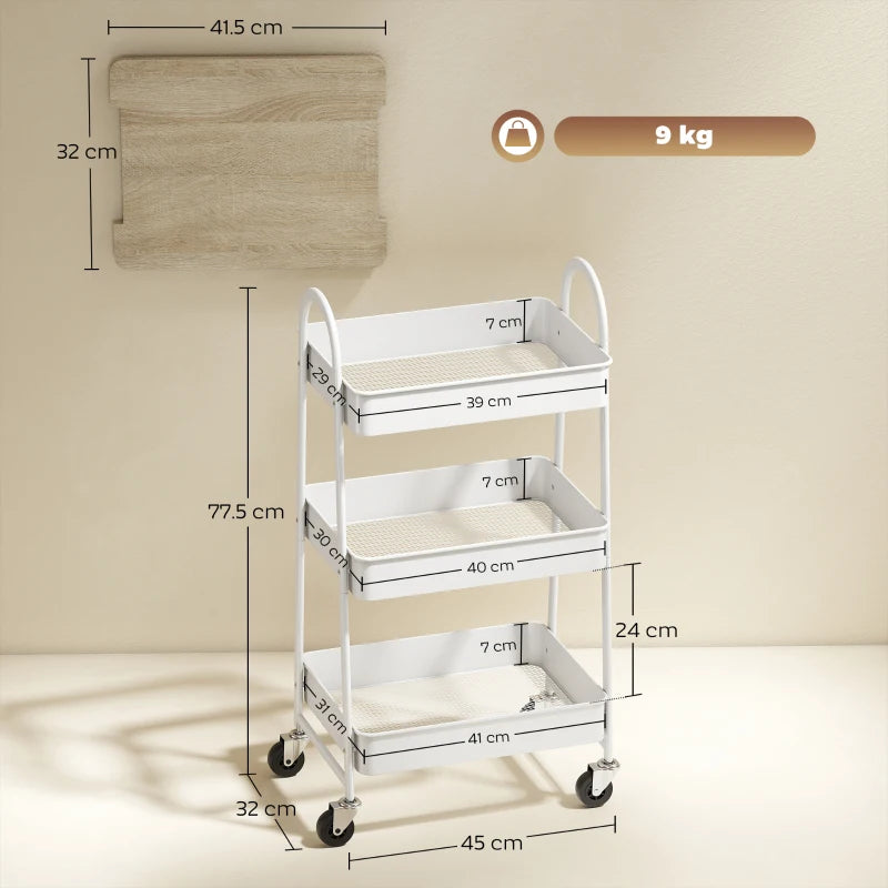 3-Tier Kitchen Storage Trolley on Wheels with Cover Top Board - Stylish White and Oak Design for Easy Organization