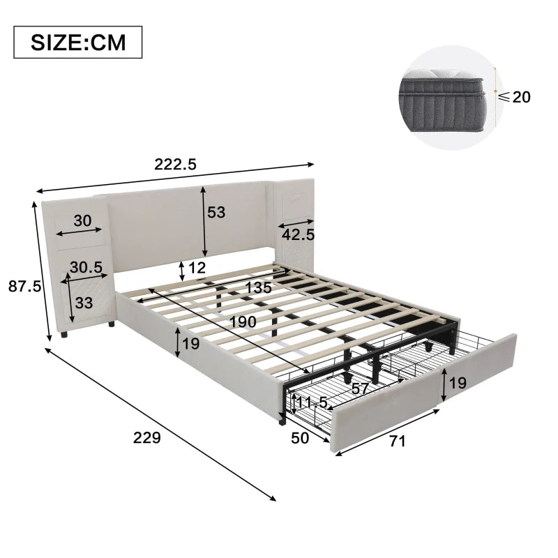 Beige Upholstered Double Bed Frame with Storage Drawers & Headboard Pockets - Velvet & Plywood, 229L x 222.5W x 87.5H cm