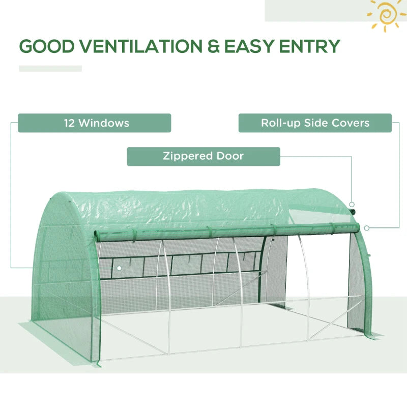 Green Walk-in Polytunnel Greenhouse with Roll-up Sidewalls, Zipped Door, 8 Windows - 4x3x2m