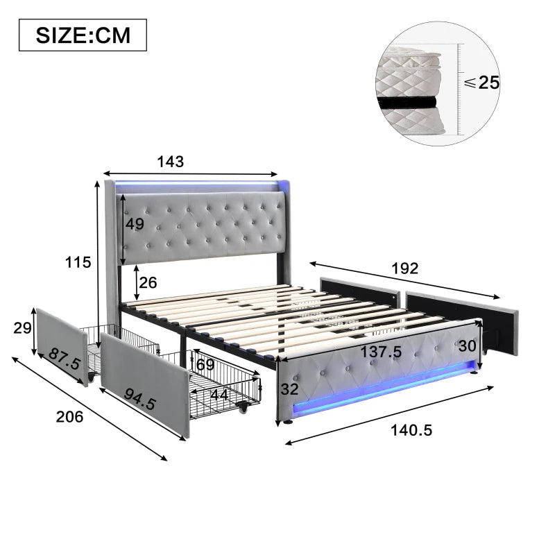 4ft6 Upholstered Double Bed with Velvet Headboard, 4 Storage Drawers, LED Lights & Charging Socket - Grey, 206L x 143W x 115H cm