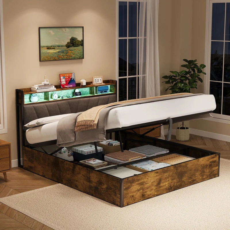 Double Bed Frame with RGB LED Headboard & Charging Station, Hydraulic Storage, Linen Fabric, Black & Walnut, 205x136x109 cm