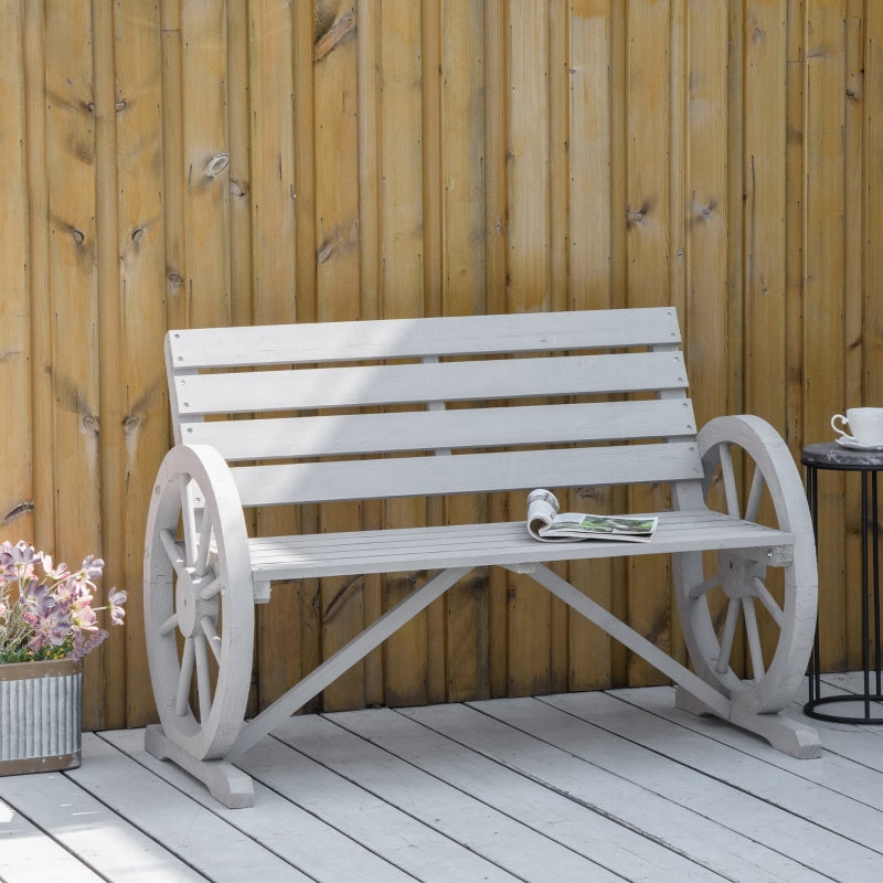 Grey Wooden Garden Bench with Wagon Wheel Design