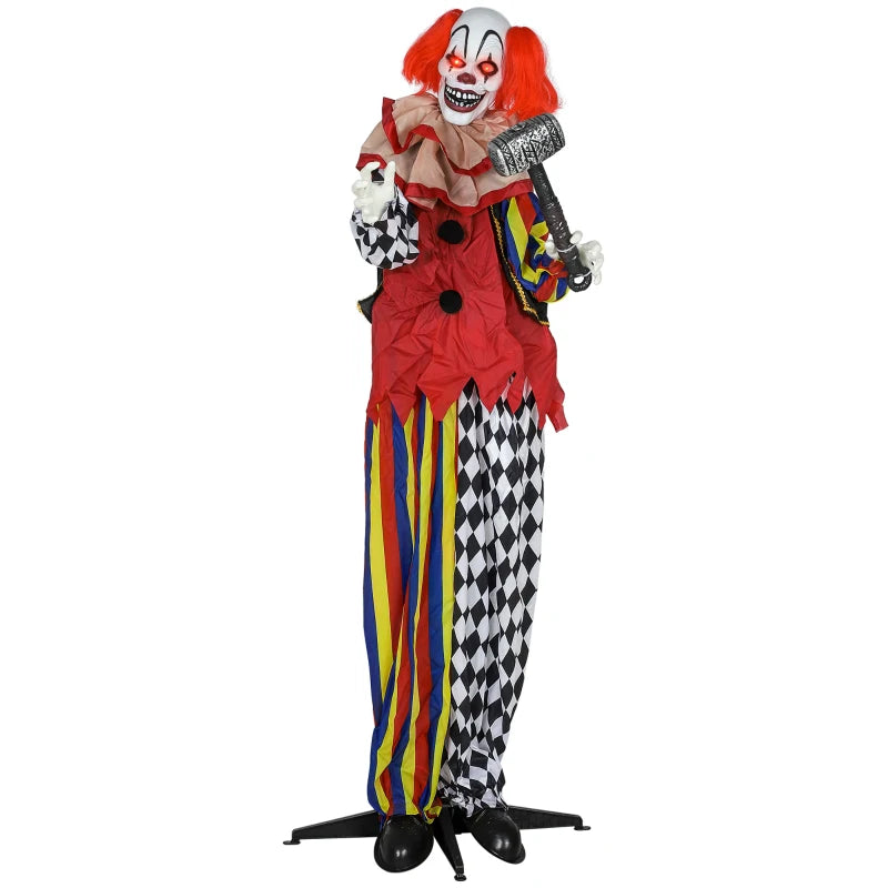 173 cm Life Size Scary Animated Clown with Hammer, Red Light Up Eyes, Sound Activated Arms & Head - Halloween Decoration