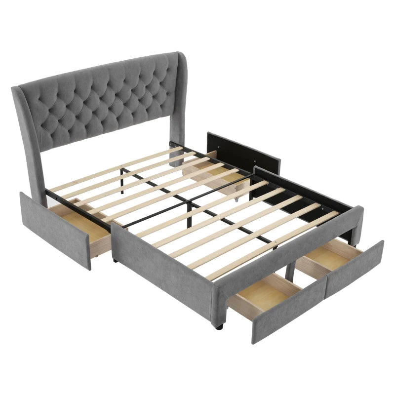 Grey Upholstered Storage Bed with 4 Drawers & Soft Backrest - Metal Frame, 204L x 156W x 106H cm