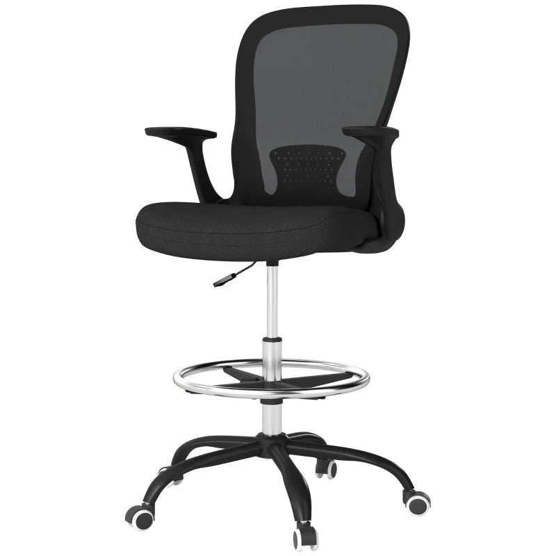 Ergonomic Draughtsman Chair - Mesh Drafting Office Chair with Flip-Up Armrests & Adjustable Foot Ring - Black