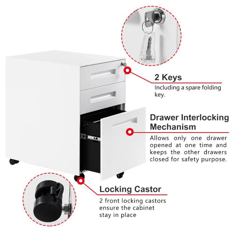 Mobile File Cabinet with 3 Lockable Drawers & Casters, Enamel Steel Side Table for Office & Study, White, 41x52x60 cm