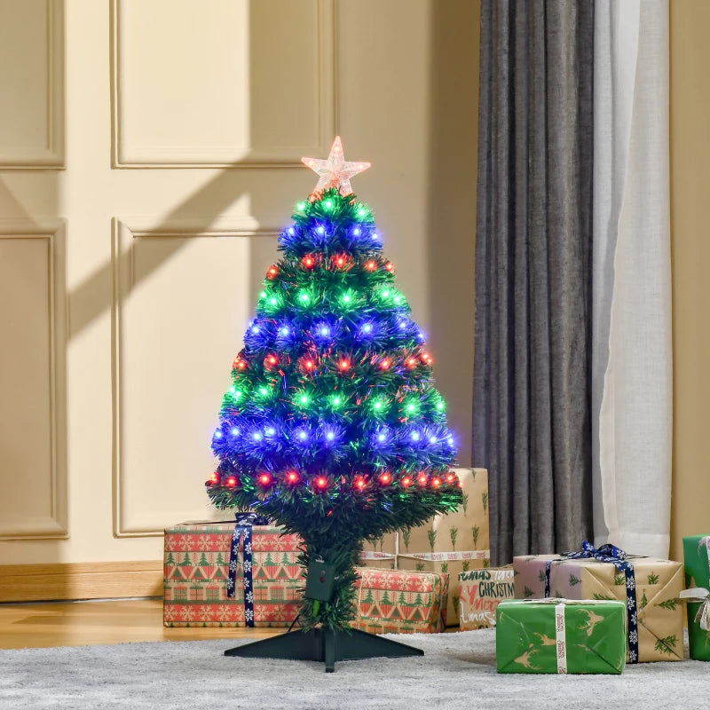 3ft Prelit Artificial Christmas Tree with Multi-Colored Fiber Optic LED Lights - Festive Holiday Home Decoration, Green Xmas Tree