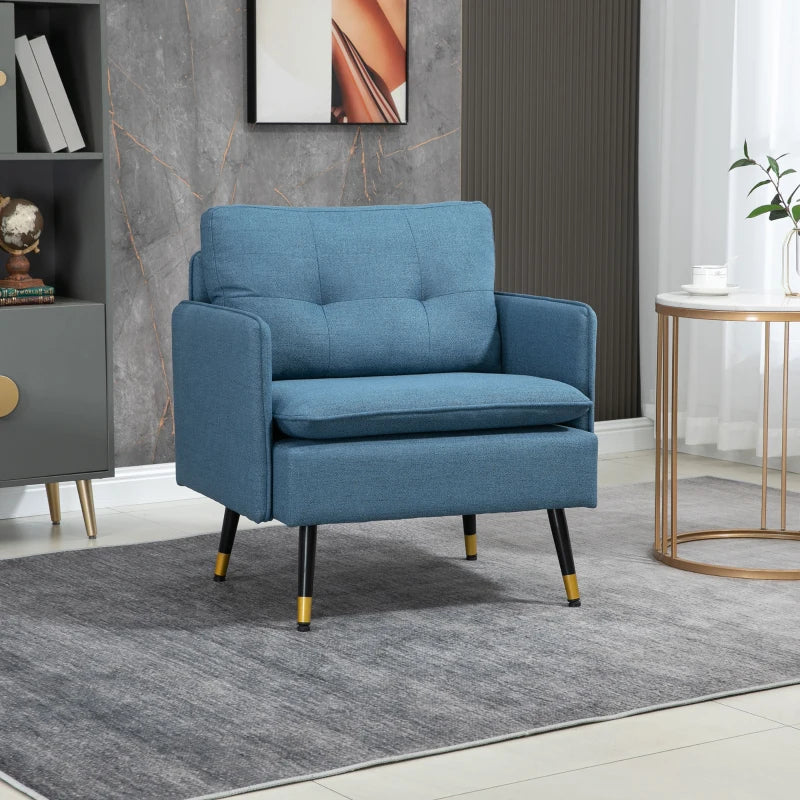 Modern Button Tufted Armchair with Cushions and Steel Legs - Dark Blue Accent Chair for Living Room or Guest Room