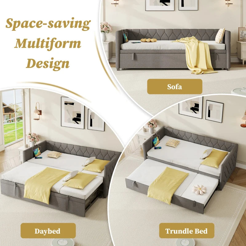 Upholstered Daybed with USB & Type-C Ports, Button-Tufted Trundle Bed for Bedroom & Study, Grey, 206L x 193W x 71H cm