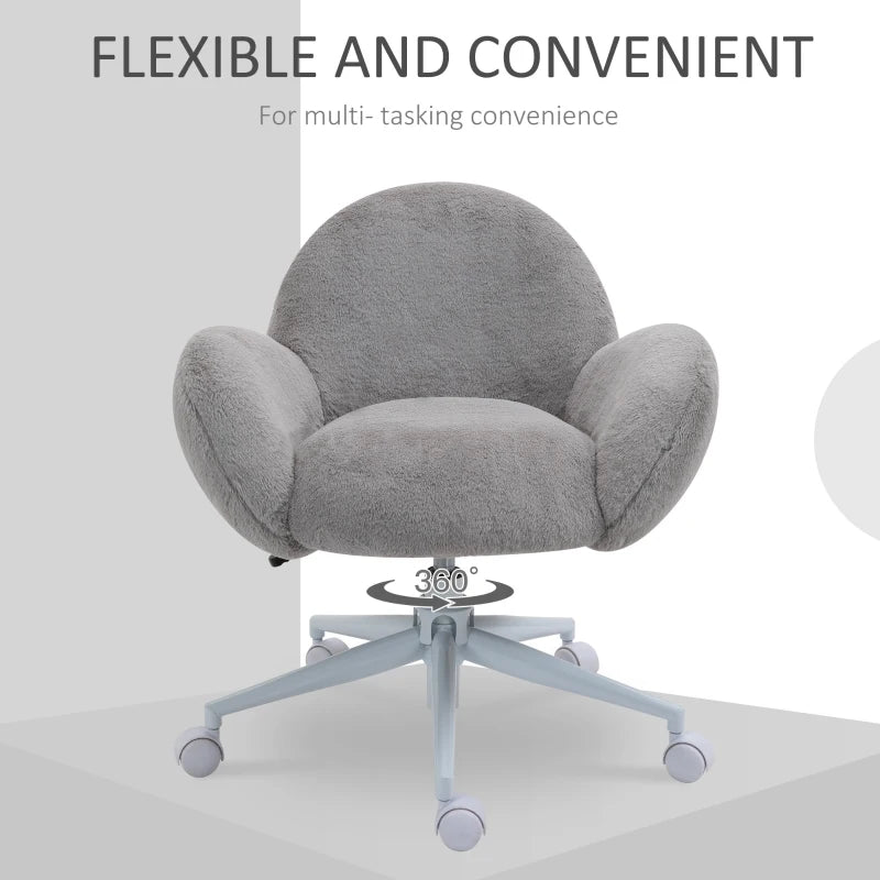 Cute Fluffy Makeup Vanity Chair with Rolling Wheels - Stylish Grey Desk Chair for Bedroom & Living Room