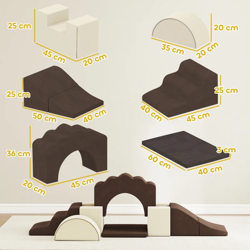 7 Piece Soft Play Set for Kids Indoor Climbing and Crawling Foam Toy Brown