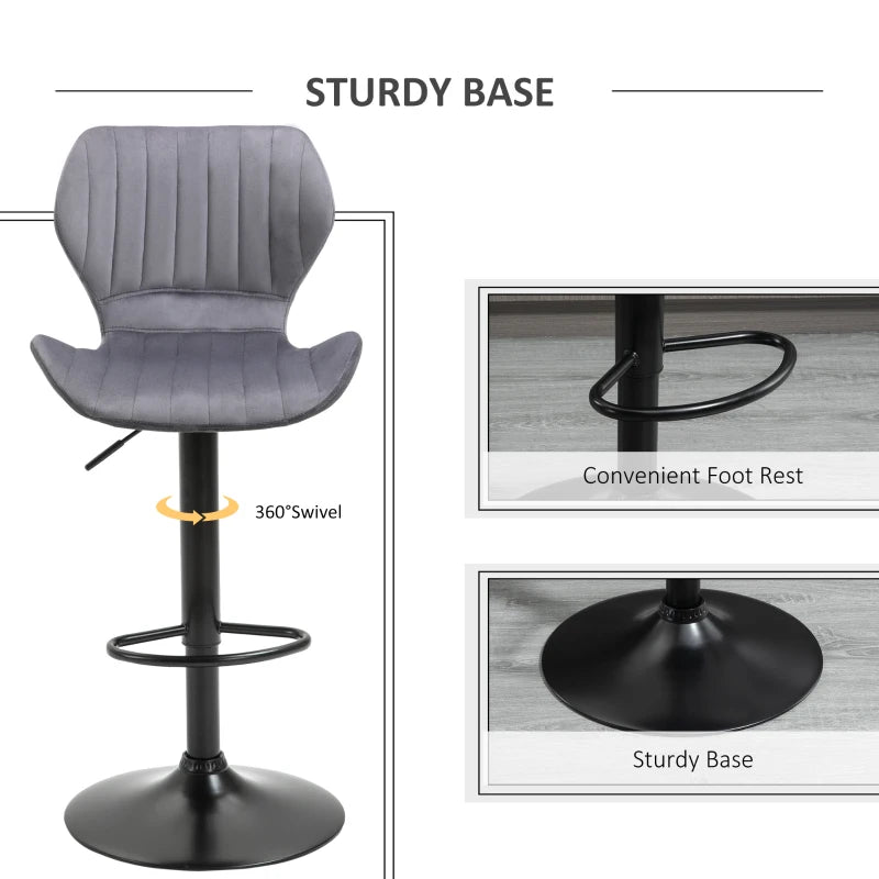 Stylish Grey Velvet Bar Stool Set of 2 - Adjustable Height Swivel Counter Chairs with Footrest for Modern Home Decor
