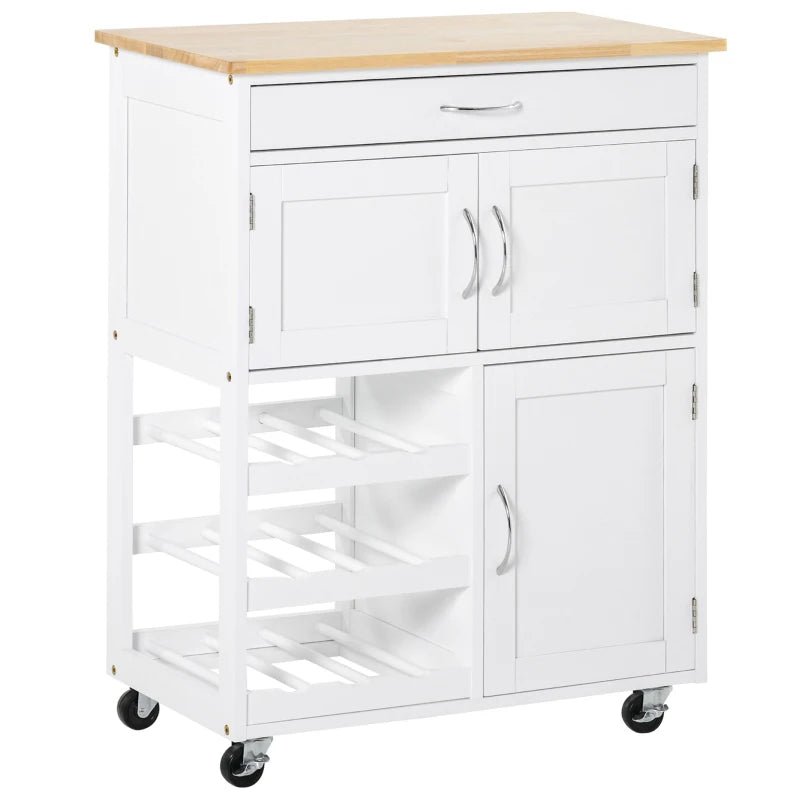 Modern Kitchen Trolley - Rolling Storage Cart with Drawer, 9-Bottle Wine Rack, Door Cabinets & Wooden Countertop in White