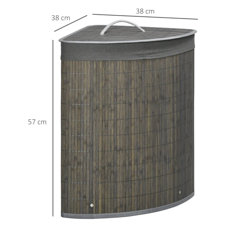 Stylish Grey Bamboo Laundry Basket with Lid - 55L Hamper, Removable Washable Lining, Perfect Corner Storage, 38x38x57cm
