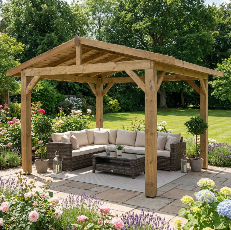 Ruby Wooden Apex Gazebo with Cedar Featheredge Roof – No Overhang Design