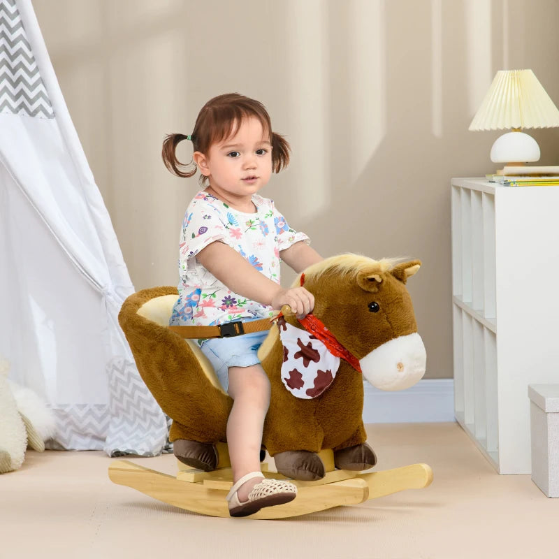 Kids Rocking Horse with Safety Harness Sounds and Foot Pedals for Safe Fun