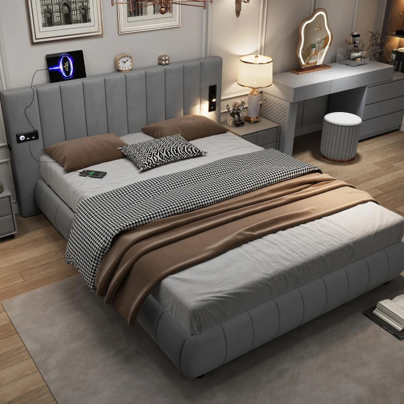 Stylish King Size Upholstered Bed with Stereo and USB Charging Ports Velvet Iron Frame Grey