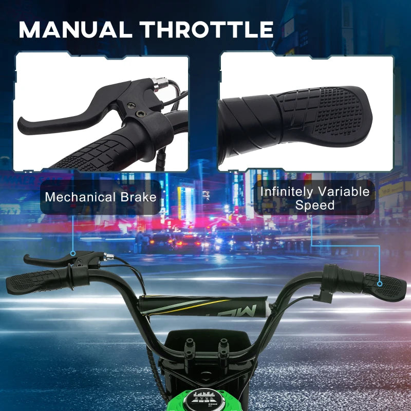 24V Electric Motorbike for Kids with Twist Grip Throttle Music Horn 12 Inch Tyres Green