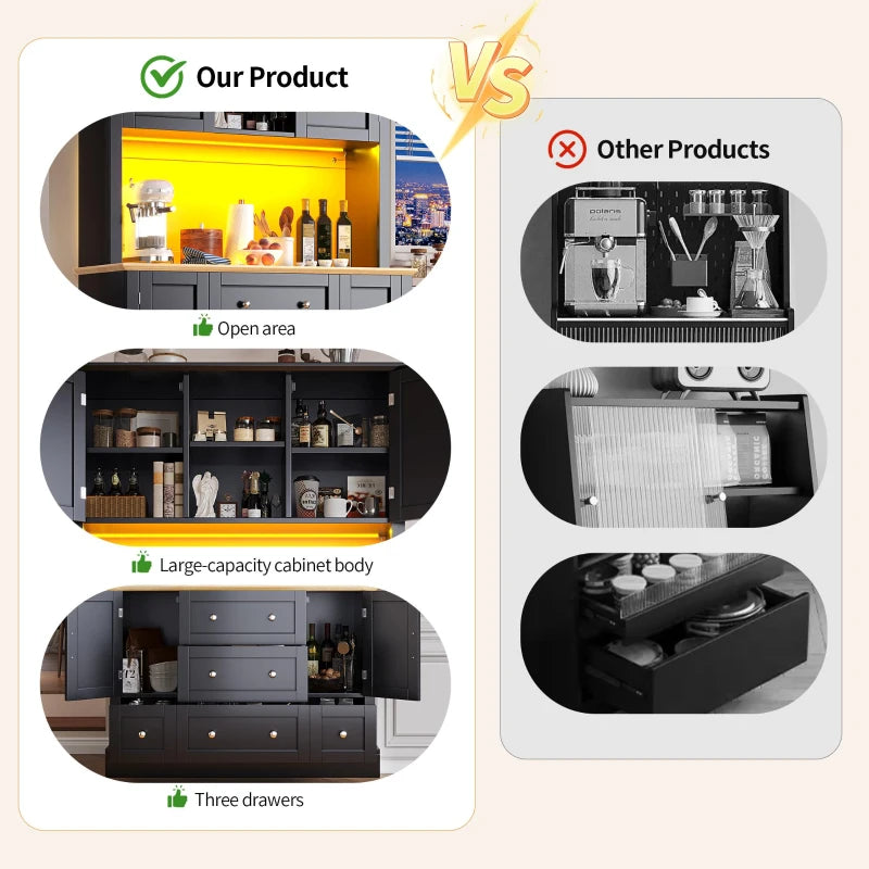 Tall Kitchen Cabinet with Open Shelf & 5 Drawers - Large Storage Cupboard for Dining Room, 115x40x180 cm, Black