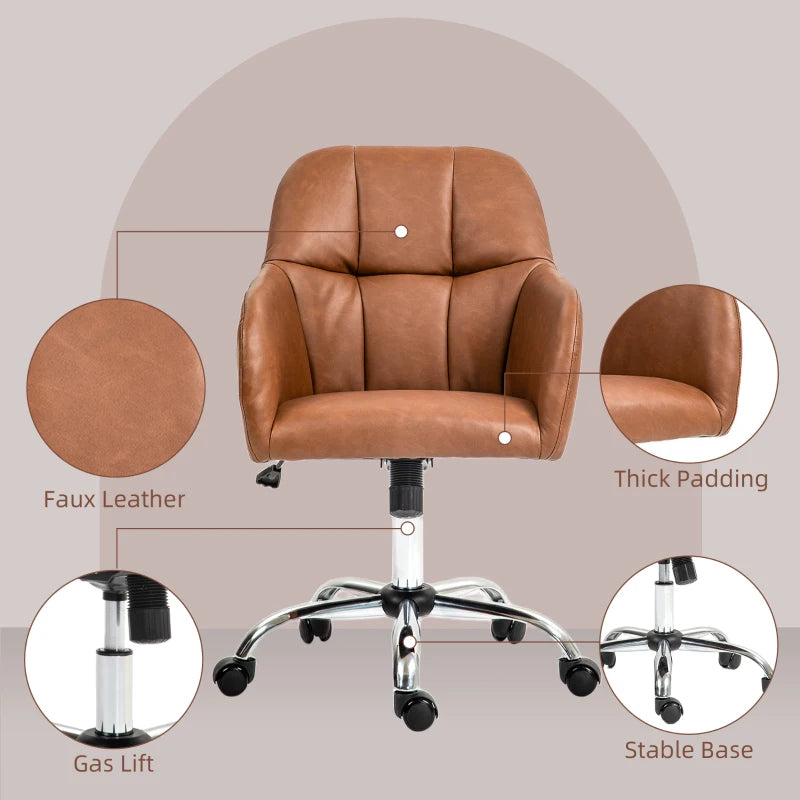 Stylish Brown Faux Leather Tub Office Chair with Wheels - Comfortable Ergonomic Design for Home or Office Use