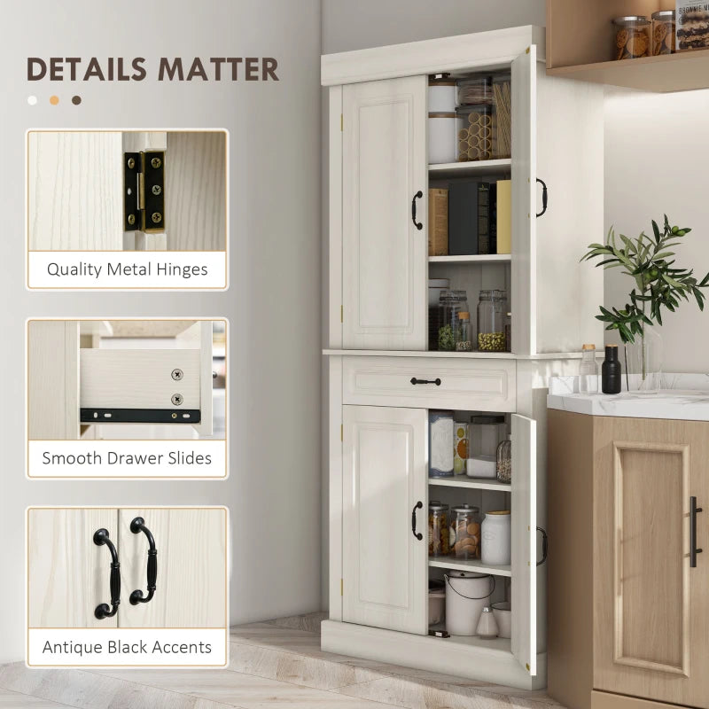 Stylish 180cm White Wood Grain Kitchen Cupboard - 4 Door Freestanding Storage Cabinet with Wide Drawer & Shelves for Living Room
