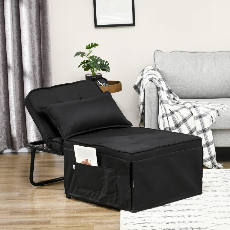 Folding Fabric Sleeper Chair Bed with Adjustable Backrest and Side Pockets for Living Room, Black