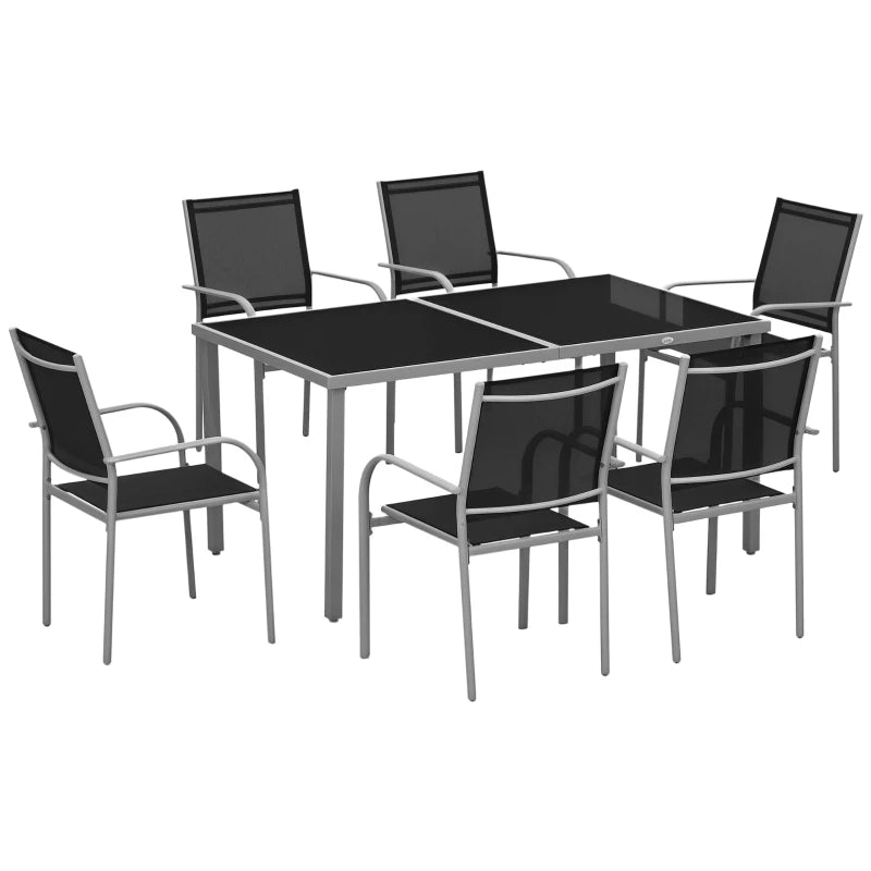 7 Piece Outdoor Garden Dining Set with Table and 6 Stackable Chairs Steel Frame Tempered Glass Top