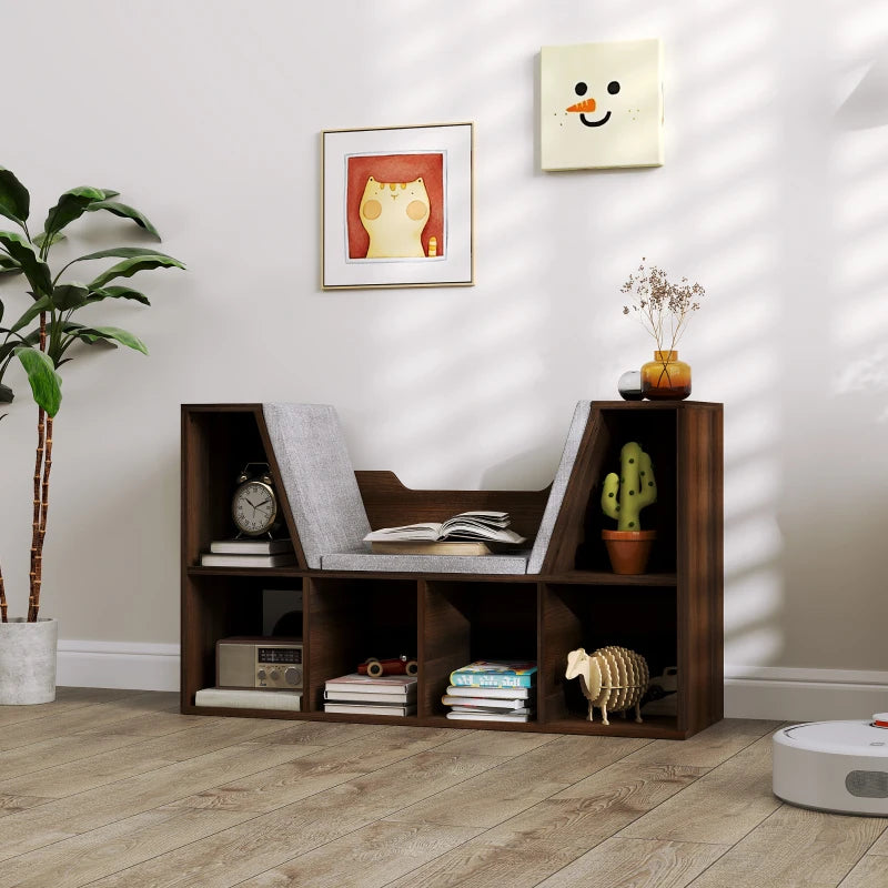 Chestnut Bookcase Storage Shelf with Cushioned Reading Seat - Cube Bookshelf Organizer for Bedroom & Living Room