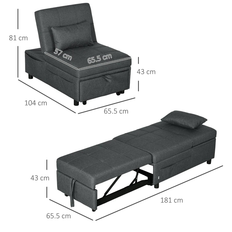 4-in-1 Convertible Chair Bed with Adjustable Backrest, Side Pocket, Wheels and Pillow for Living Room, Grey