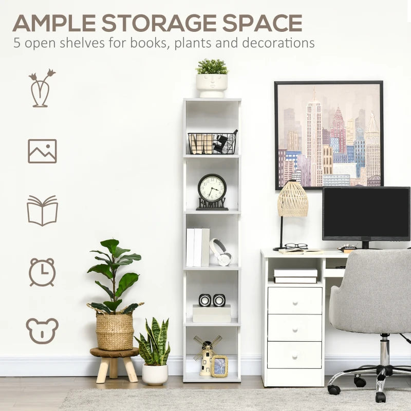 Modern 5-Tier Freestanding Bookshelf - Stylish White & Light Grey Bookcase for Living Room, Home Office, Study Storage