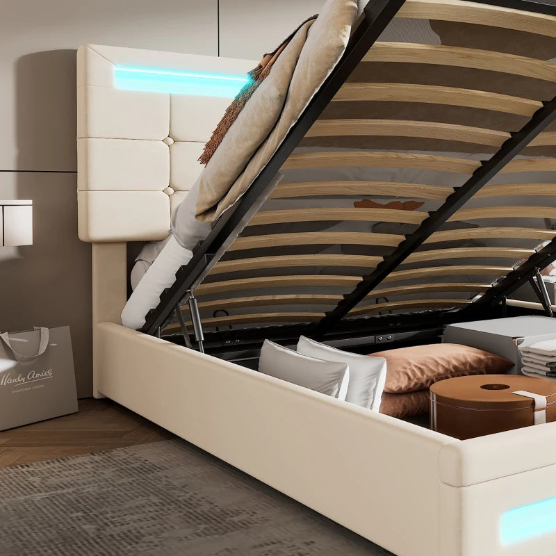 Elegant Velvet Upholstered Double Bed with Storage & LED Lights - Iron Frame, 199x150x123 cm, Beige - Modern Bedroom Furniture