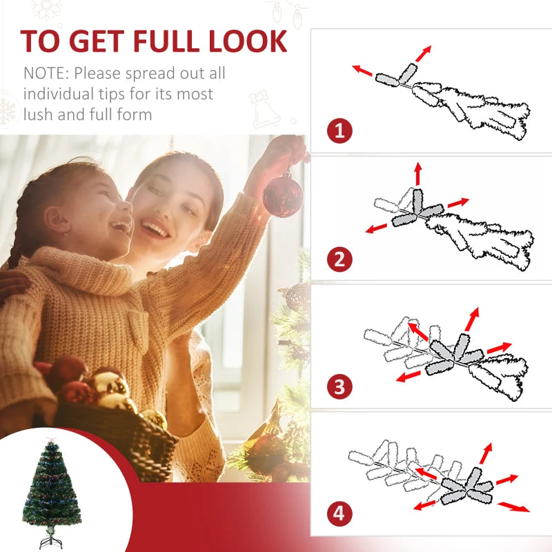 4ft Prelit Artificial Christmas Tree with Multi-Colored Fiber Optic LED Lights - Festive Holiday Home Decoration, Green Xmas Tree