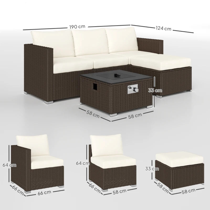 5-Piece Rattan Garden Furniture Set with Gas Fire Pit & Footstools - Brown & Cream