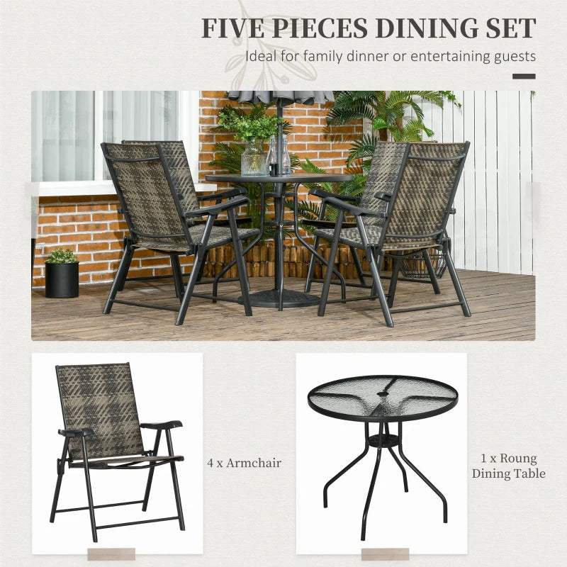 5-Piece Grey Rattan Outdoor Dining Set with Folding Armchairs