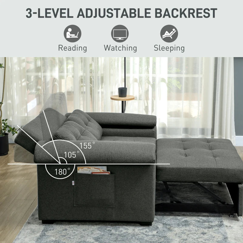 Fabric 2-Seater Click Clack Sofa Bed with Pocket Springs, Cushions and Side Pockets for Living Room, Charcoal Grey