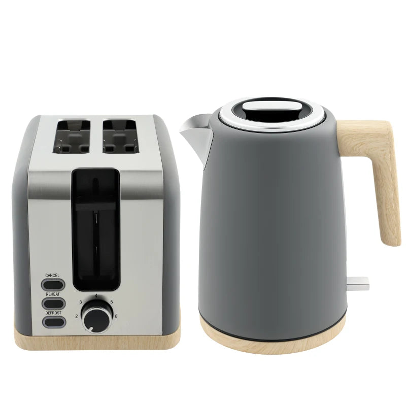 Stainless Steel Kettle & Toaster Set - 1.7L Fast Boil Kettle 3000W & 2 Slice Toaster with 7 Browning Levels, Grey
