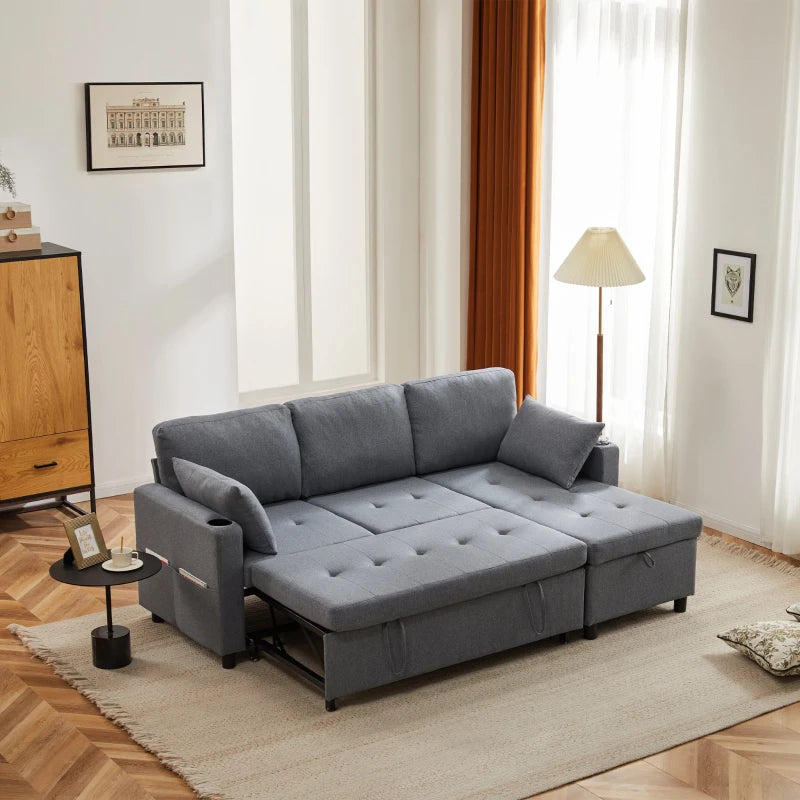 L-Shaped Linen Look Corner Sofa Bed with Storage, 3 Seater Pull-Out Settee, Grey, 212x141x87.5 cm
