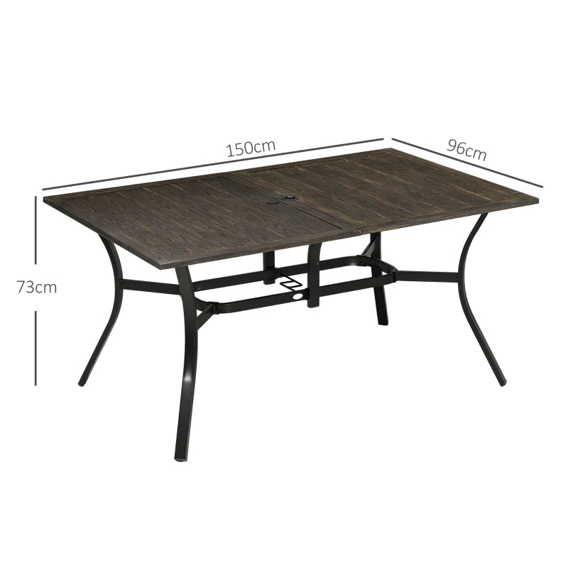 Wood-Effect Steel Garden Table for Six with Parasol Hole - Grey